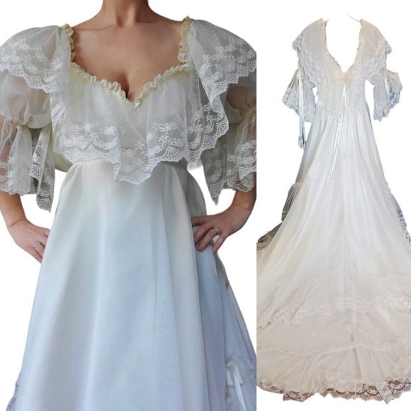 70s‎ Boho Ivory Lace Ruffle Puff Sleeve Princess Wedding Gown Dress XS - Picture 1 of 15